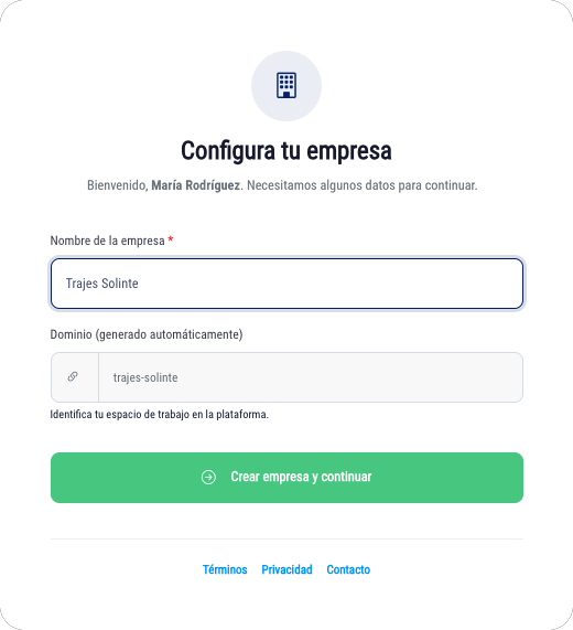 Pantalla para configurar tu empresa en Solinte.me